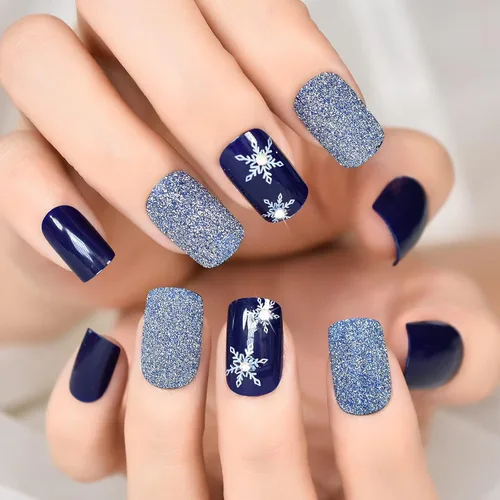 Miniatura 4 de ELEVENAIL Uñas postizas a presión de Navidad con purpurina azul oscuro, diseño de copo de nieve y diamantes de imitación de Navidad, longitud media