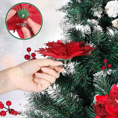 Miniatura 6 de Toyvian Flores de pascua artificiales con purpurina navideña, 12 adornos de flores para árbol de Navidad, decoración de fiesta de Navidad con 12 Rojo