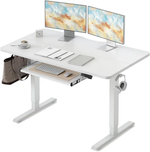 FEZIBO Escritorio de pie con bandeja para teclado, altura ajustable de 48 x 24 pulgadas, con ajustes preestablecidos de memoria para oficina en