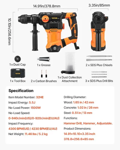 Miniatura 7 de VEVOR - Rotomartillo SDS-Plus de 1-1/4 pulgadas, taladro con cable de 13 amperios, martillos de astilla de servicio pesado con control de vibración