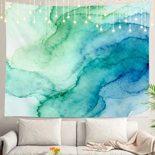 Miniatura 12 de Shrahala Tapiz de pared azul brillante, acuarela azul degradado para colgar en la pared, tapiz grande decorativo de fibra de poliéster, dobladillo
