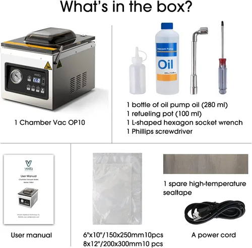 Miniatura 8 de Sellador al vacío de cámara de 10 pulgadas con bomba de aceite, resistente, ideal para alimentos húmedos, líquidos, polvos y Sous Vide, funciona