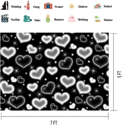 Miniatura 4 de Telón de fondo de corazón negro de 7x5 pies Fondos de los años 90 para sesión de fotos Decoración de San Valentín Banner Accesorios de cumpleaños