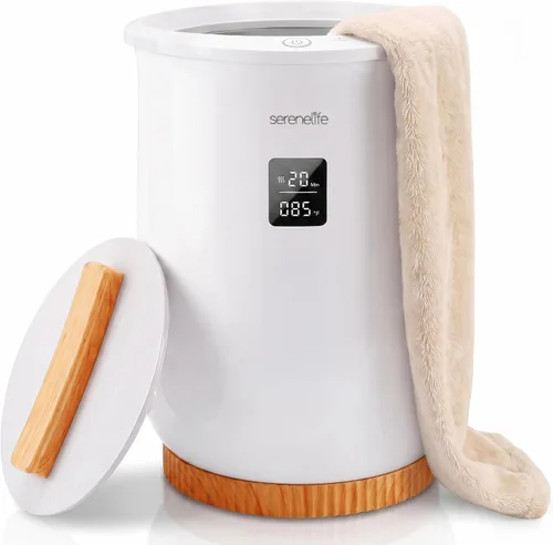 SereneLife - Calentador de toalla con pantalla digital en cubo; calentador de toallas grande de color blanco para spa y baño, regalos de calentador