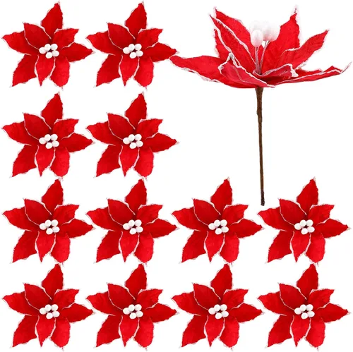 Miniatura 16 de Zeyune 6 Piezas Flores de Pascua Azules de Navidad Artificiales Grandes Espinas de Pascua Falsas Flores de Franela con Borde Helado para Adornos