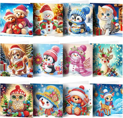 Miniatura 16 de LUSandy Paquete de 12 tarjetas de Navidad con pintura de diamante 5D para adultos, tarjetas de felicitación de arte con diamantes para gatos