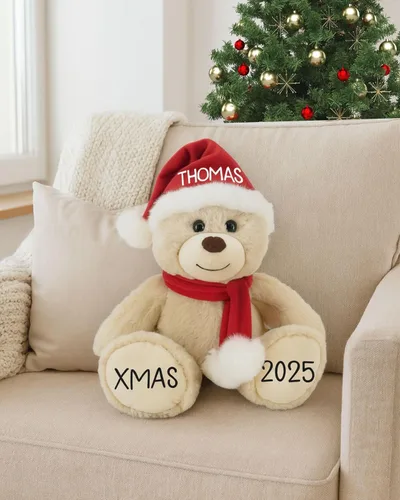 Miniatura 6 de Oso de Navidad Personalizado 2025 – Osito de Peluche Beige Personalizado de 8.5 pulgadas con Sombrero y Bufanda – Lindo Oso Navideño con Tu Nombre