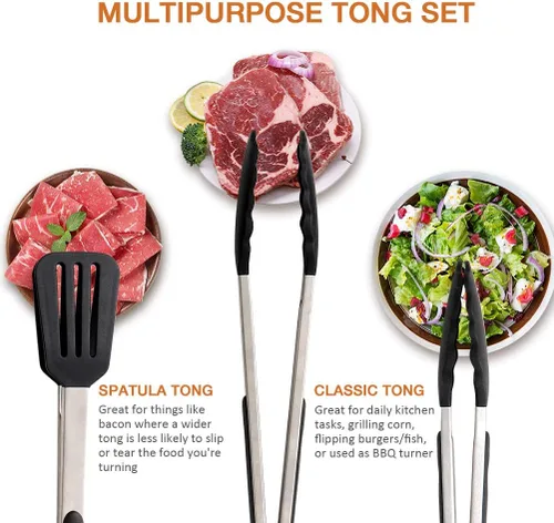 Miniatura 2 de Alimat PluS Juego de 3 pinzas de cocina de silicona, pinzas de cocina con puntas de silicona, incluyendo espátula (12 pulgadas) para girar