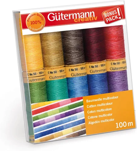 Gütermann 731149-1 Juego de hilos de algodón natural 100 m x 10 carretes, multicolor, surtido