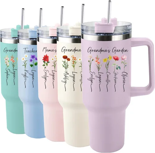 Miniatura 10 de Se envía al día siguiente, vaso térmico de 40 onzas con asa y sorbete con flor de nacimiento, vaso personalizado con nombre, taza aislada 02-Vaso