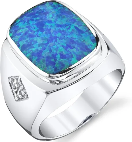 Peora Anillo de sello de caballero de ópalo de fuego azul creado para hombre, plata de ley 925, talla grande de 0.591 x 0.472in, talla 8 a 13, Metal