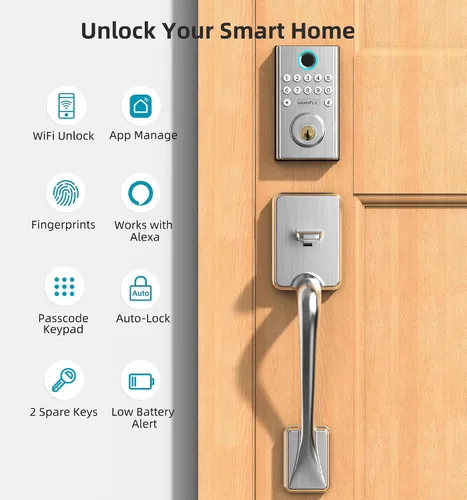 Miniatura 9 de Juego de cerradura de puerta inteligente WiFi: cerrojo de entrada sin llave HEANTLE con asa, cerrojo de huella dactilar, teclado digital