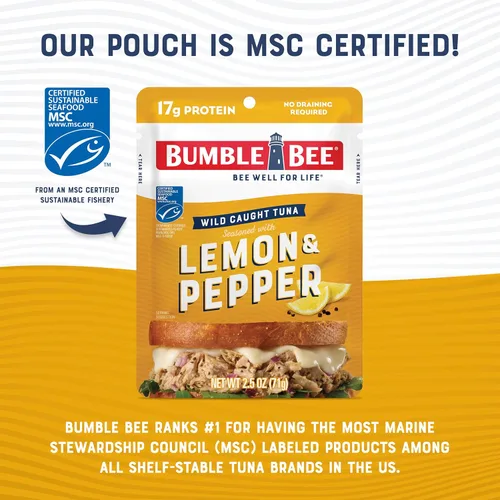 Miniatura 5 de Bumble Bee Atún sazonado con limón y pimienta, bolsas de 2.5 onzas (paquete de 12), listo para comer, bolsa de atún capturado en la naturaleza, 0.60
