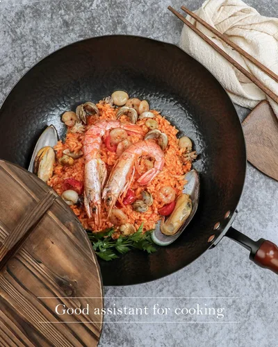 Miniatura 5 de BIELMEIER - Sartén Wok de 12.5", sartén para sofrito con tapa, guantes y accesorios para ollas, de acero al carbono, adecuada para todas las estufas