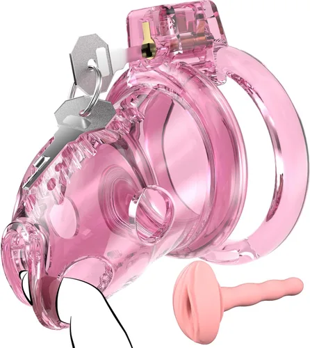 Jaula de castidad masculina – Jaula de pene rosa ligera con parte delantera de plástico suave y anillos de 6 tamaños, cómodo dispositivo de castidad