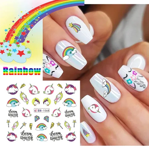 Miniatura 8 de Calcomanías de uñas de unicornio, calcomanías de transferencia de agua, calcomanías de uñas de corazón, unicornio, arcoíris, dona, diseño de uñas