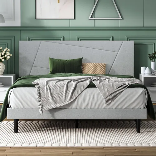 Miniatura 12 de IOILORI - Base de cama tamaño Full con cabecera tapizada en terciopelo de diseño geométrico, estructura robusta y listones de madera, silenciosa,