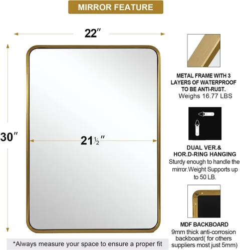Miniatura 2 de ANDY STAR - Espejo de latón para baño, espejo rectangular redondeado de 22x30 pulgadas con marco de metal cepillado dorado, espejo de tocador