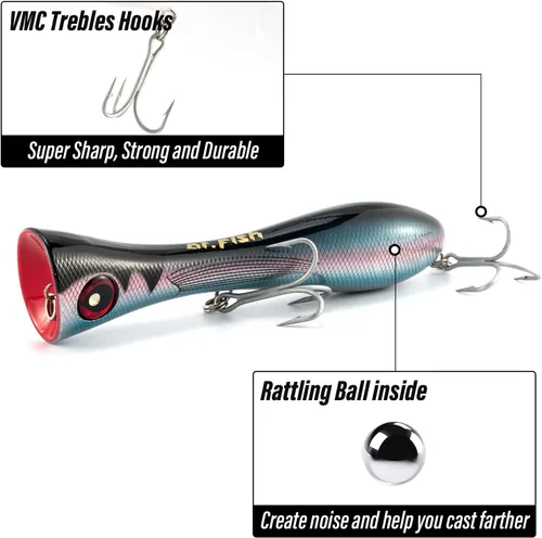 Miniatura 3 de Dr.Fish Topwater Popper Señuelos de pesca de agua salada, 8 pulgadas GT Popper VMC anzuelos agudos señuelos de pesca de surf para Striper Atún