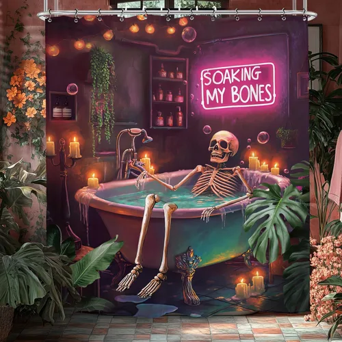 Cortina de ducha de Halloween con diseño de esqueleto de neón de 60 pulgadas de ancho por 71 pulgadas de alto, diseño divertido de calavera