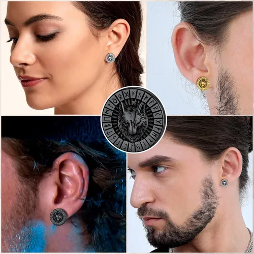 Miniatura 6 de FaithHeart Aretes de tuerca vikingos nórdicos para hombres y mujeres, de acero inoxidable, con diseño de valknutbrújulanudo celtacabeza de lobo