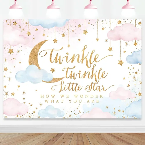 Mocsicka Twinkle Twinkle Little Star Telón de Fondo 7x5ft Revelación de Género Niño o Niña Decoraciones de Fondo para Fiesta Rosa y Azul Nube Luna