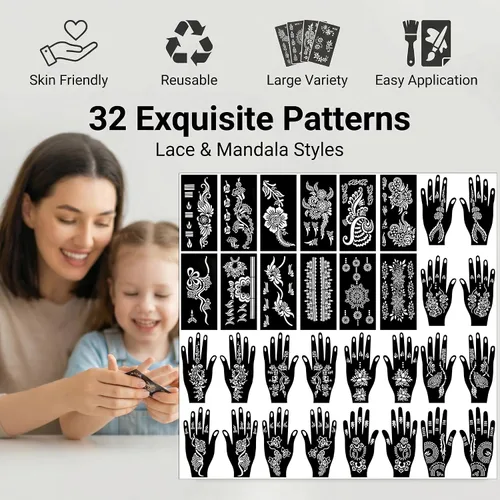 Miniatura 5 de Kotbs 32 hojas de plantillas de tatuaje de henna para manos, antebrazo, pintura facial, arte corporal, plantillas de tatuaje de flores con purpurina