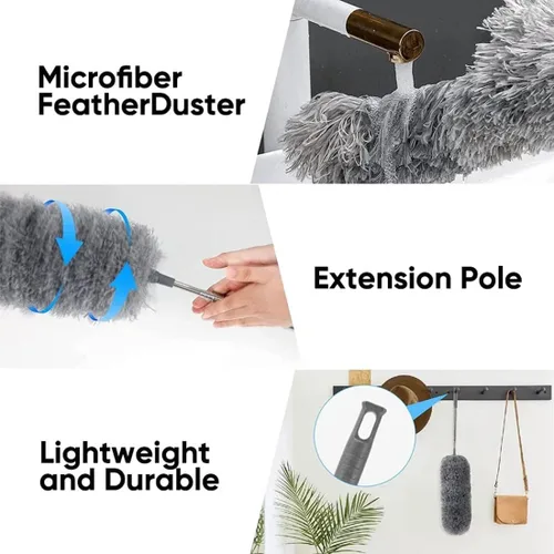 Miniatura 5 de Plumero de microfibra curvada retráctil lavable, plumero de microfibra con poste de extensión, plumero de plumas de microfibra, reutilizable