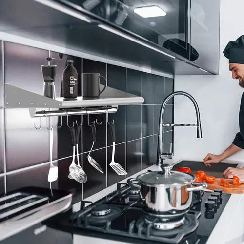 Miniatura 2 de Skyflame Estante de acero inoxidable de 12 x 24 pulgadas montado en la pared, estante de pared con 4 ganchos para cocina, baño y sala de estar