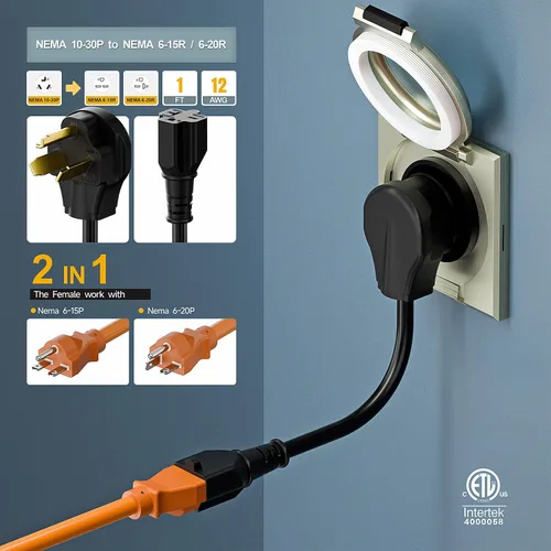 Miniatura 8 de Enchufe de secadora Nema 10-30P de 30 amperios macho a 6-20R T-Blade Hembra, 30A 125/250V Enchufe de 3 clavijas a 20A 250V 6-20/15R Adaptador 12-AWG