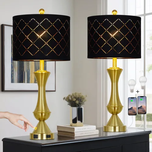 Miniatura 14 de Lámparas de mesa costeras de 28 pulgadas para sala de estar, lámparas de noche con luz nocturna, puertos USB A+C, moderna concha de mar