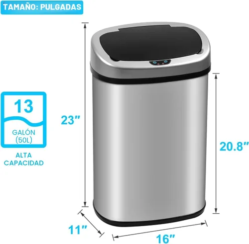 Miniatura 3 de Basurero de cocina Cubo de basura de acero inoxidable de 13 galones Cubo de basura sin contacto de 50 litros con tapa Cubo de basura