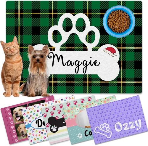 Miniatura 14 de Alfombrillas personalizadas de piel sintética para comida y agua, antideslizante e impermeable para nombre/foto, tapete personalizado