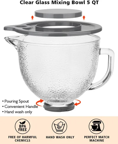 Miniatura 2 de Tazón mezclador de vidrio martillado de 5 cuartos de galón, tazón mezclador para KitchenAid de 4.5 y 5 cuartos de galón con cabezal inclinable