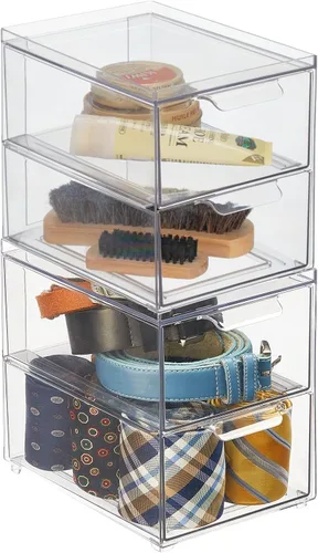 mDesign Caja de almacenamiento apilable con 2 cajones extraíbles, contenedores apilables de plástico para organización de armarios, ropa de cama,