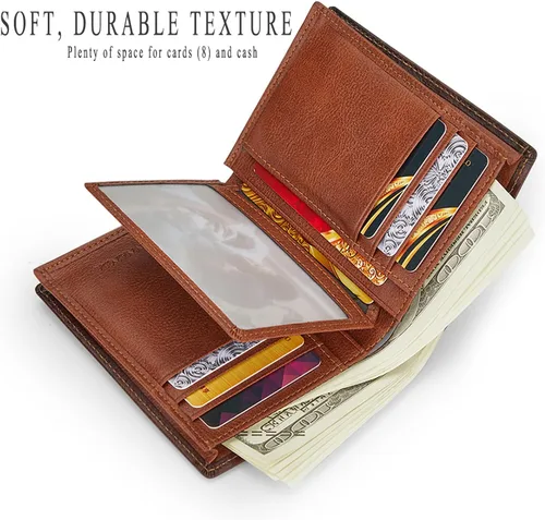 Miniatura 3 de Billetera de cuero de grano completo para hombres con RFID plegable con ventana de identificación lateral abatible 2, Amarillo Marrón, Classic