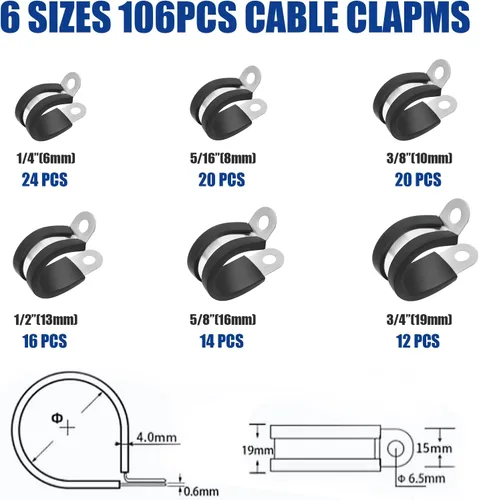 Miniatura 2 de Kit surtido de 106 abrazaderas de cable, (0.23 a 0.79 pulgadas) - Abrazadera de tubo aislada acolchada de acero inoxidable 304, abrazadera de bucle