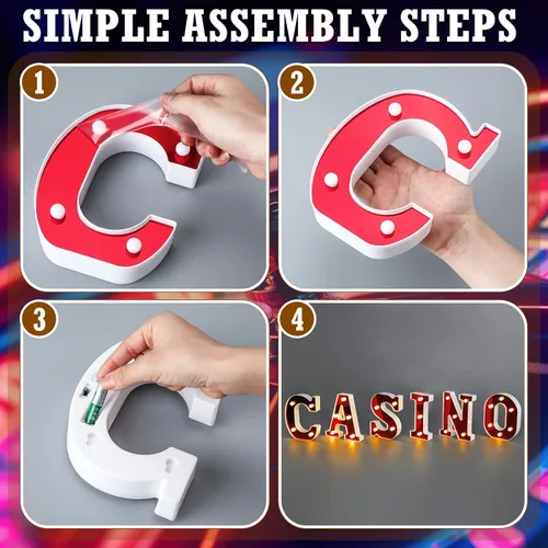 Miniatura 2 de Aurelema Casino 6.3" Letras de cartel de noche de cine para fiestas, cartel de luz de marquesina alimentado por batería, luces LED de letras