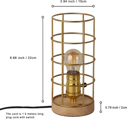 Miniatura 6 de Lámpara de mesa industrial dorada con jaula de metal, lámpara de escritorio rústica de latón con interruptor de cable enchufable, lámpara de mesa