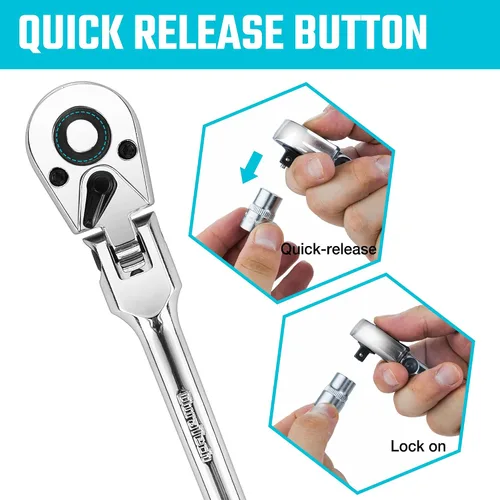 Miniatura 4 de DURATECH Mango de trinquete de 1/4 pulgadas con cabeza flexible, llave de trinquete de 72 dientes, liberación rápida, interruptor reversible