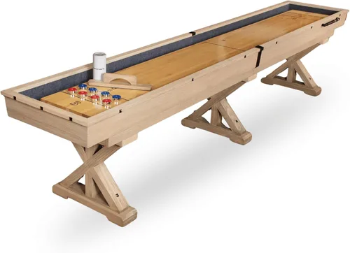 12 FT Solid Wood Shuffleboard Table, Comes in 2 6' Pieces Goes Around Stairs & Hallways, Multi Game Includes Bowling Pin Set & More