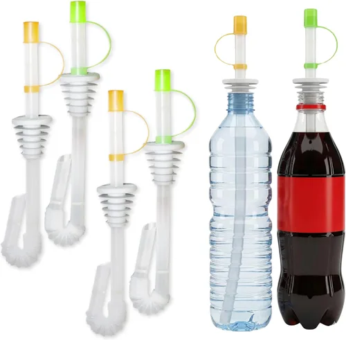Jokari Sorba y sella pajitas de soda para bebidas embotelladas, paquete de 4 popotes a prueba de derrames con sello flexible y tapa abatible, se