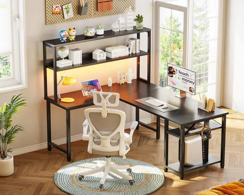 Miniatura 8 de ODK - Escritorio de juegos en forma de L de 53" con estante superior y gancho para auriculares, mesa de computadora de esquina con estanterías