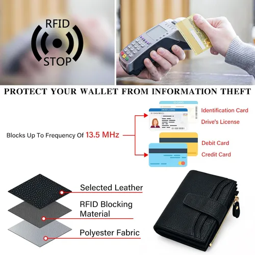 Miniatura 4 de oscaurt Billetera pequeña para mujer con bloqueo RFID, de dos pliegues, compacta, para tarjetas de crédito, de piel, con bolsillo con cremallera