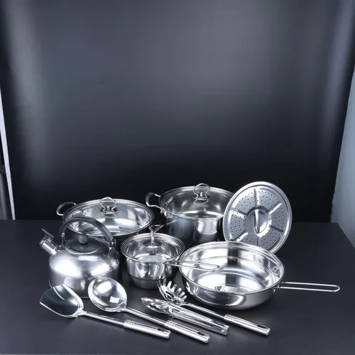 Juego de utensilios de cocina de acero inoxidable de 14 piezas, juego de ollas y sartenes de acero inoxidable, juego de utensilios de cocina de