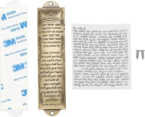 Miniatura 6 de BRTAGG Mezuzá de Metal para Puerta, Instalación con Cinta de Doble Cara, 13.5 cm de Altura, Escritura en Inglés y Hebreo, Bronce, Cubierta