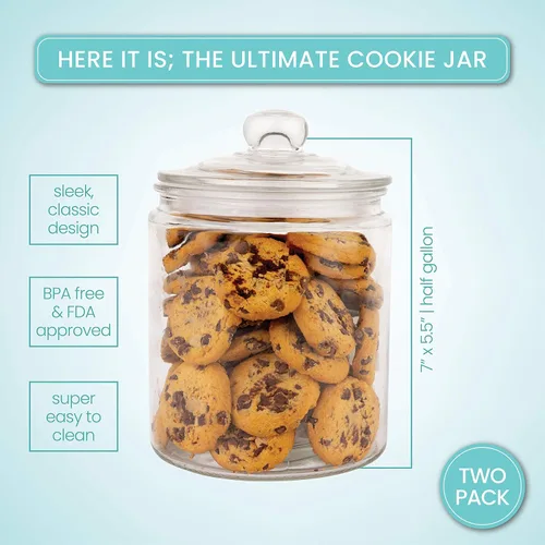 Miniatura 2 de Juego de 2 tarros de vidrio con tapa (2 litros) Tarro hermético de almacenamiento de galletas de vidrio para harina, pasta, dulces, golosinas