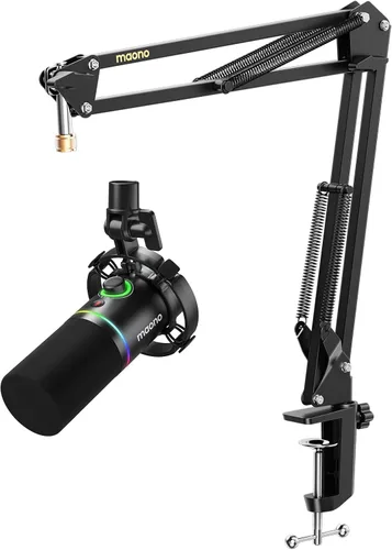 MAONO Kit de micrófono dinámico XLR/USB, paquete de micrófono RGB para juegos para podcast Studio Streaming Grabación Vocal PD200X+BA20 Negro