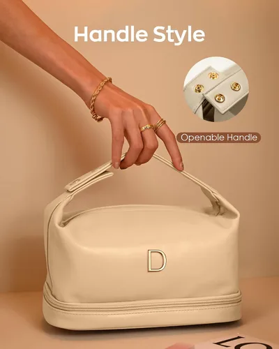 Miniatura 3 de Bolsa de maquillaje con asa, bolsa de cosméticos impermeable de doble capa, bolsas de maquillaje de cuero PU de gran capacidad con letra, bolsa