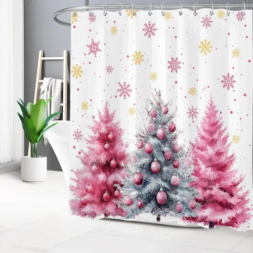 Miniatura 37 de EOBTAIN Cortina de ducha de hojas verdes de Navidad para baño, ramas de piña y abeto con bayas rojas sobre negro, cortina de ducha con 12 ganchos